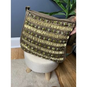 Velour beaded olive green hobo bag